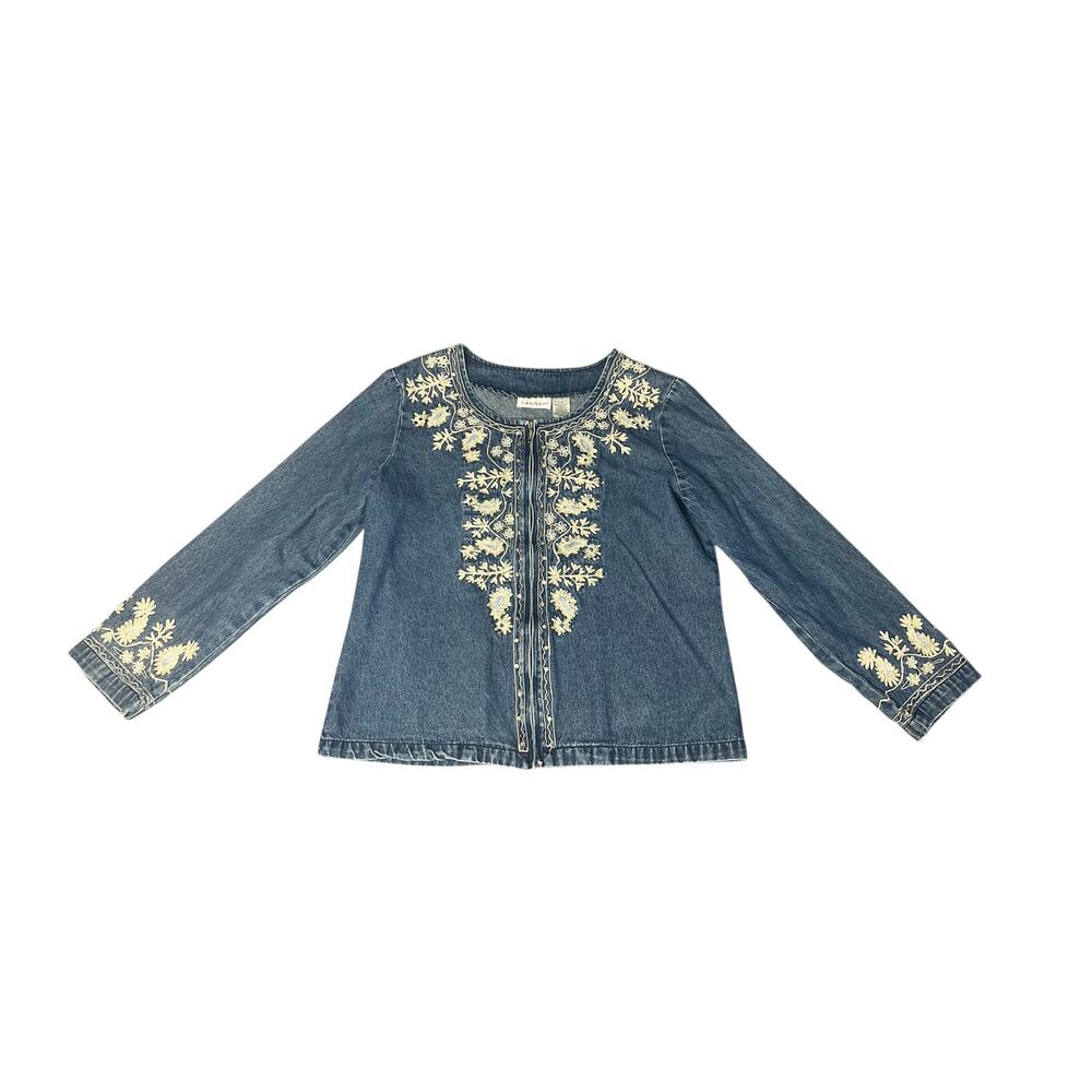 Hannah Boho Floral Embroidered Sequin Zip Up Lightweight Denim Jacket SZ LG